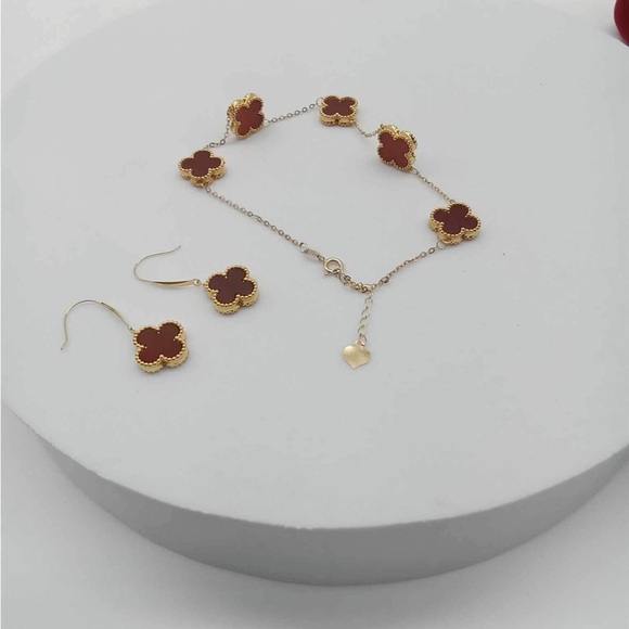 New 18k Gold Four Leaf Clover Red Dainty Hook Dangling Earrings Bracelet Set - Picture 4 of 9